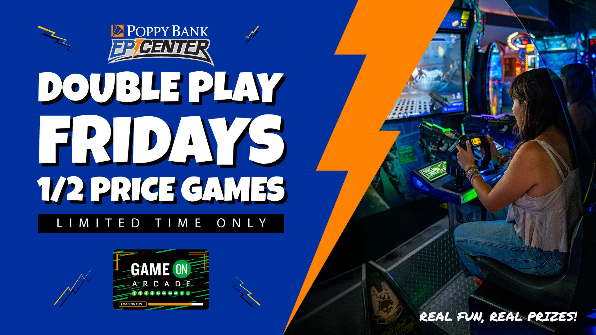 Double Play Friday half-price arcade games promotion at Poppy Bank Epicenter